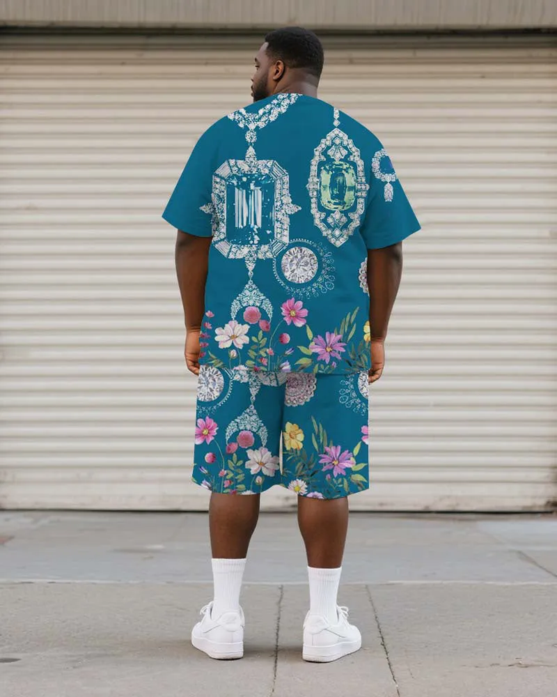 Big & Tall Men's Blue Retro Diamond Floral Print Round Neck Short Sleeve T-Shirt Shorts Suit sold by Biggmans product image thumbnail 4