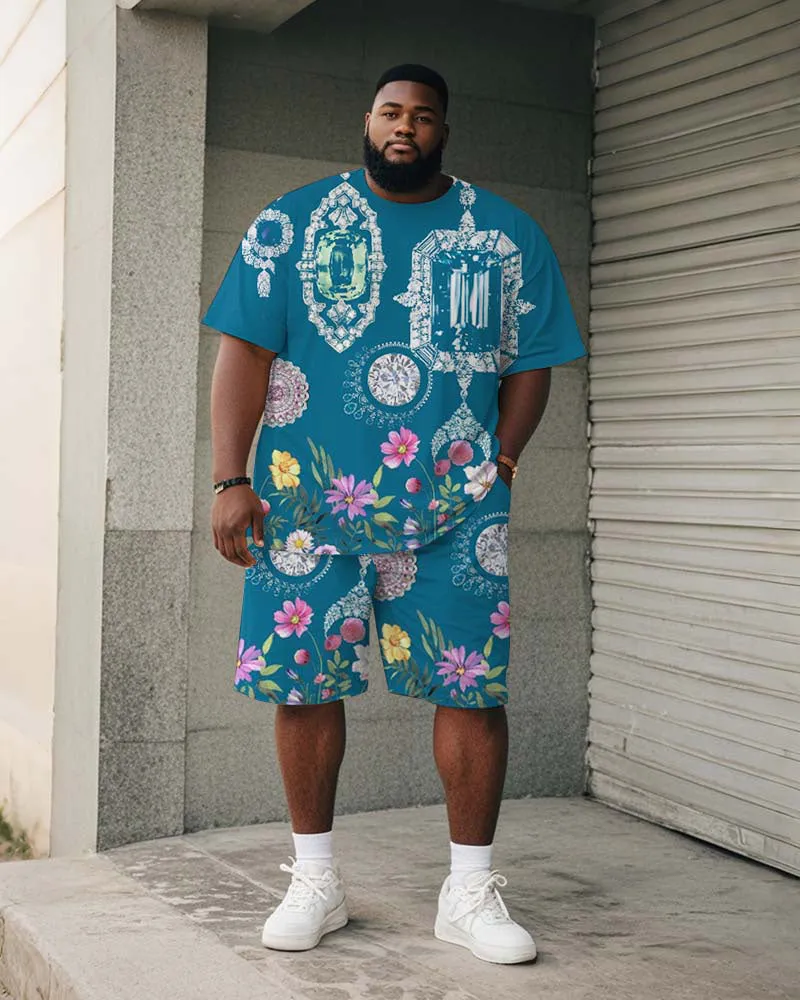 Big & Tall Men's Blue Retro Diamond Floral Print Round Neck Short Sleeve T-Shirt Shorts Suit sold by Biggmans