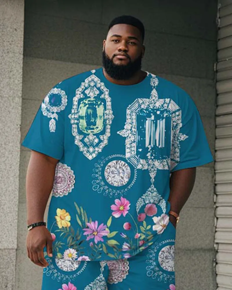 Big & Tall Men's Blue Retro Diamond Floral Print Round Neck Short Sleeve T-Shirt Shorts Suit sold by Biggmans product image thumbnail 2