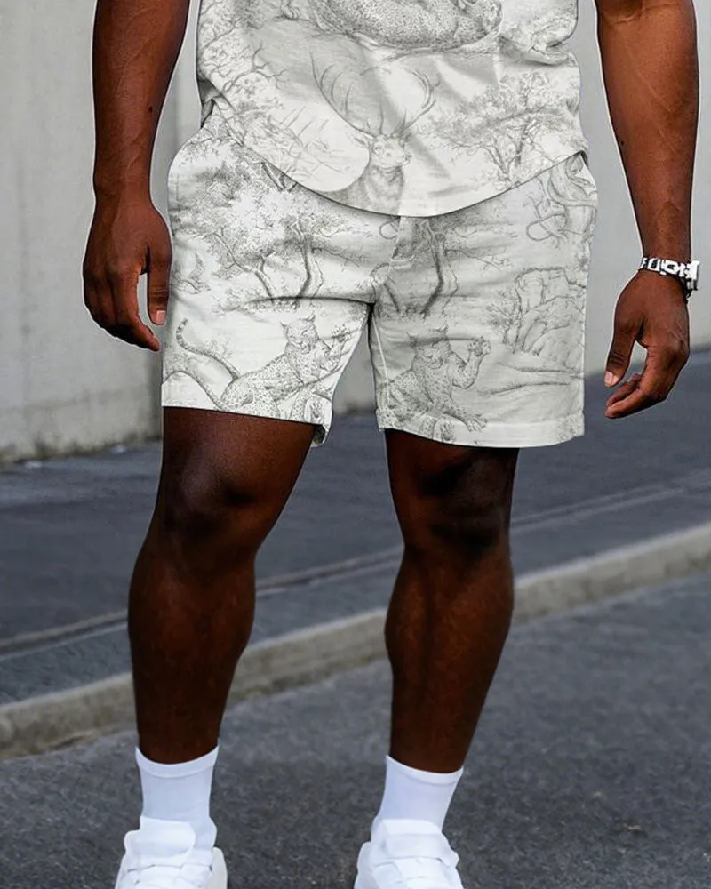 Big & Tall Men White Animal Forest Full Size Printed Loose Crewneck Short Sleeve T-Shirt Shorts Suit sold by Biggmans product image thumbnail 3
