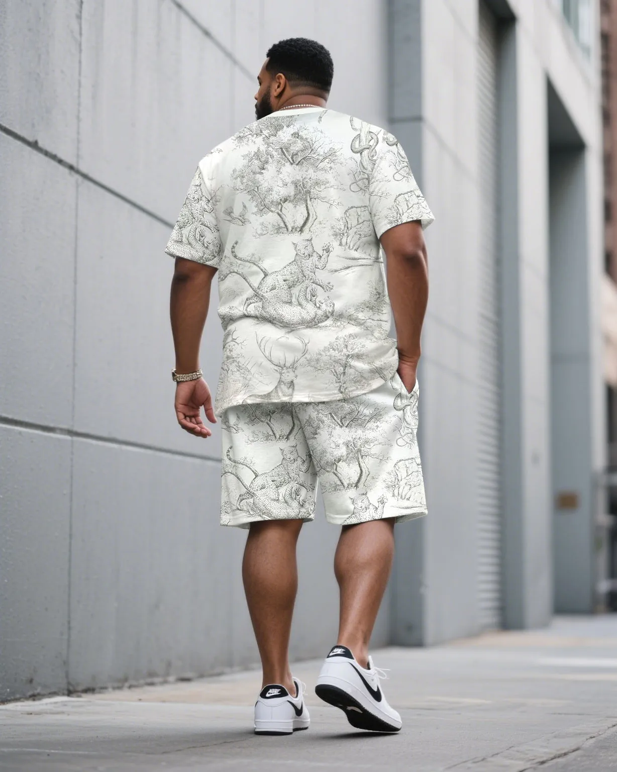 Big & Tall Men White Animal Forest Full Size Printed Loose Crewneck Short Sleeve T-Shirt Shorts Suit sold by Biggmans product image thumbnail 4