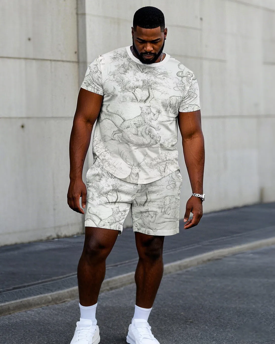 Big & Tall Men White Animal Forest Full Size Printed Loose Crewneck Short Sleeve T-Shirt Shorts Suit sold by Biggmans