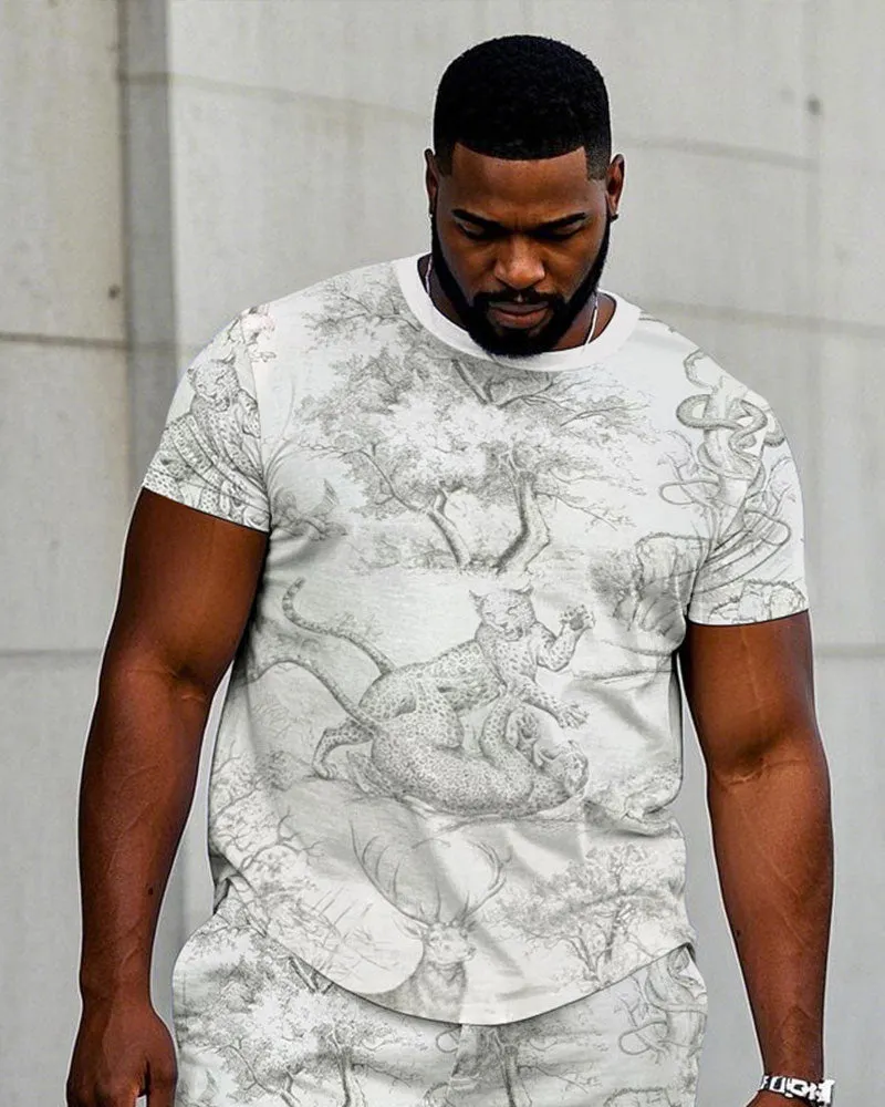 Big & Tall Men White Animal Forest Full Size Printed Loose Crewneck Short Sleeve T-Shirt Shorts Suit sold by Biggmans product image thumbnail 2