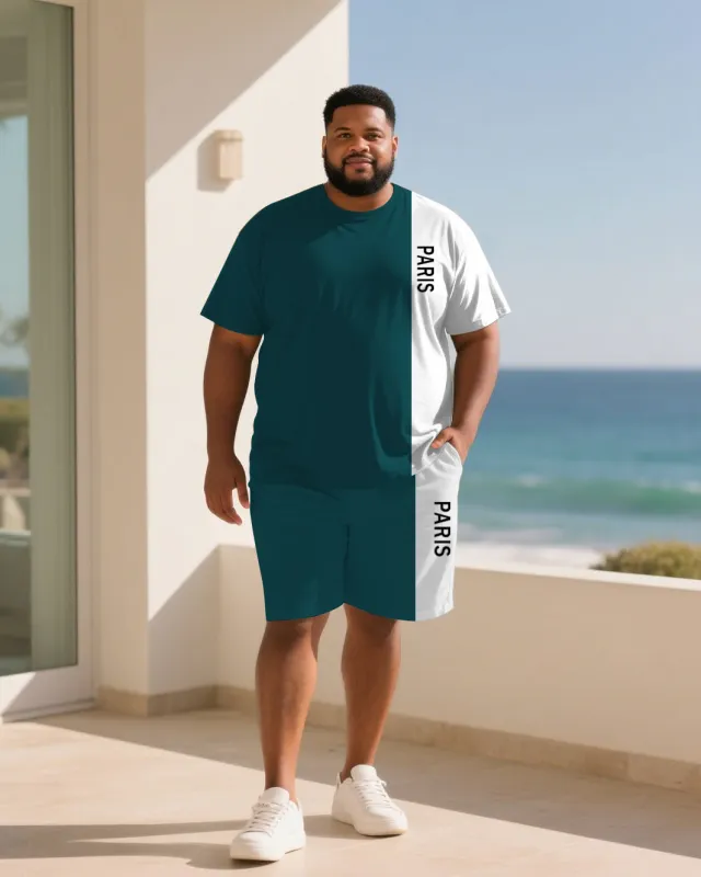 Big & Tall Men Green & White Colorblock Slogan Printed Round Neck Short Sleeve T-Shirt Shorts Suit sold by Biggmans