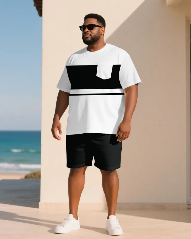 Big & Tall Men Black & White Chest Patch Pocket Round Neck Short Sleeve T-Shirt Shorts Suit sold by Biggmans