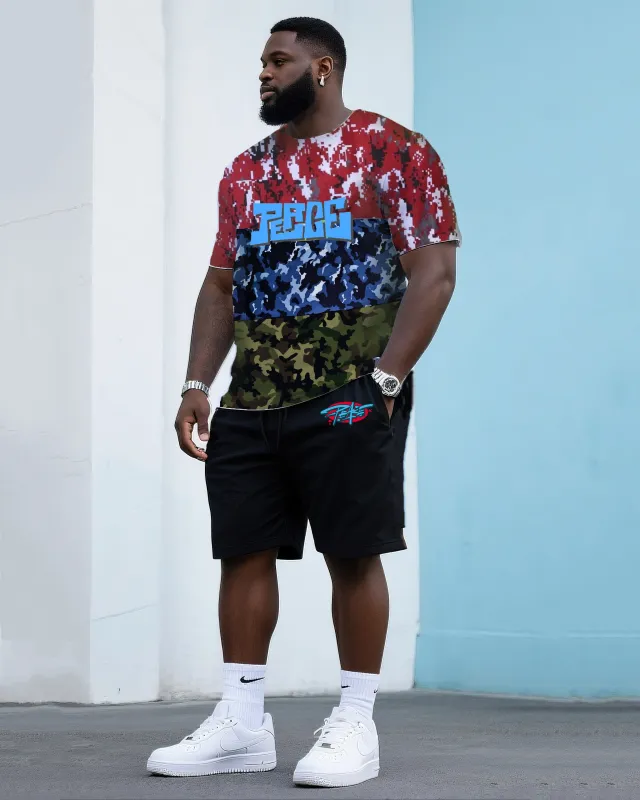 Big & Tall Men's Street Fashion Creative Three Color Camouflage Stitching Printing Peace Creative Design Crewneck T-shirt Shorts Suit sold by Biggmans