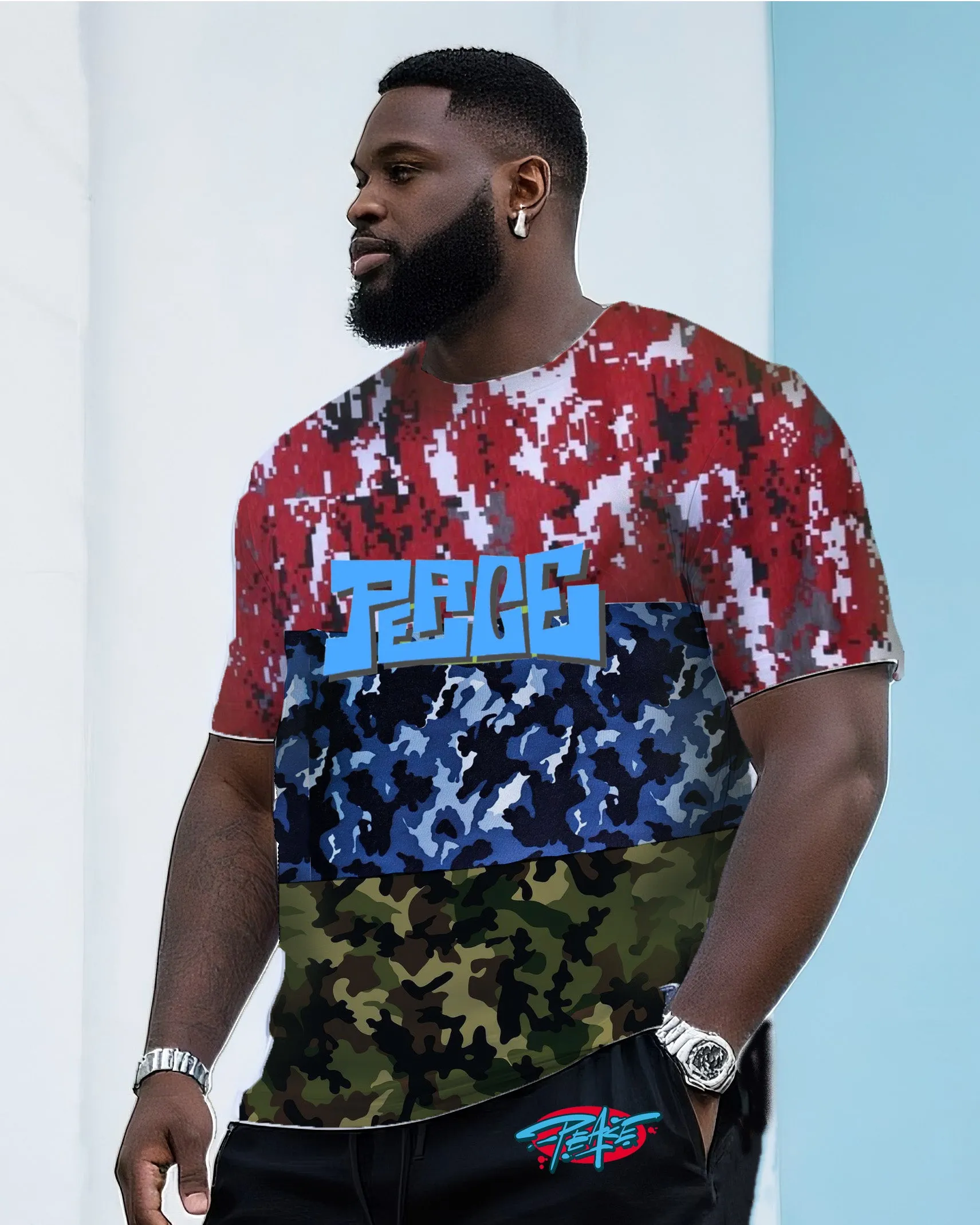 Big & Tall Men's Street Fashion Creative Three Color Camouflage Stitching Printing Peace Creative Design Crewneck T-shirt Shorts Suit sold by Biggmans product image thumbnail 2
