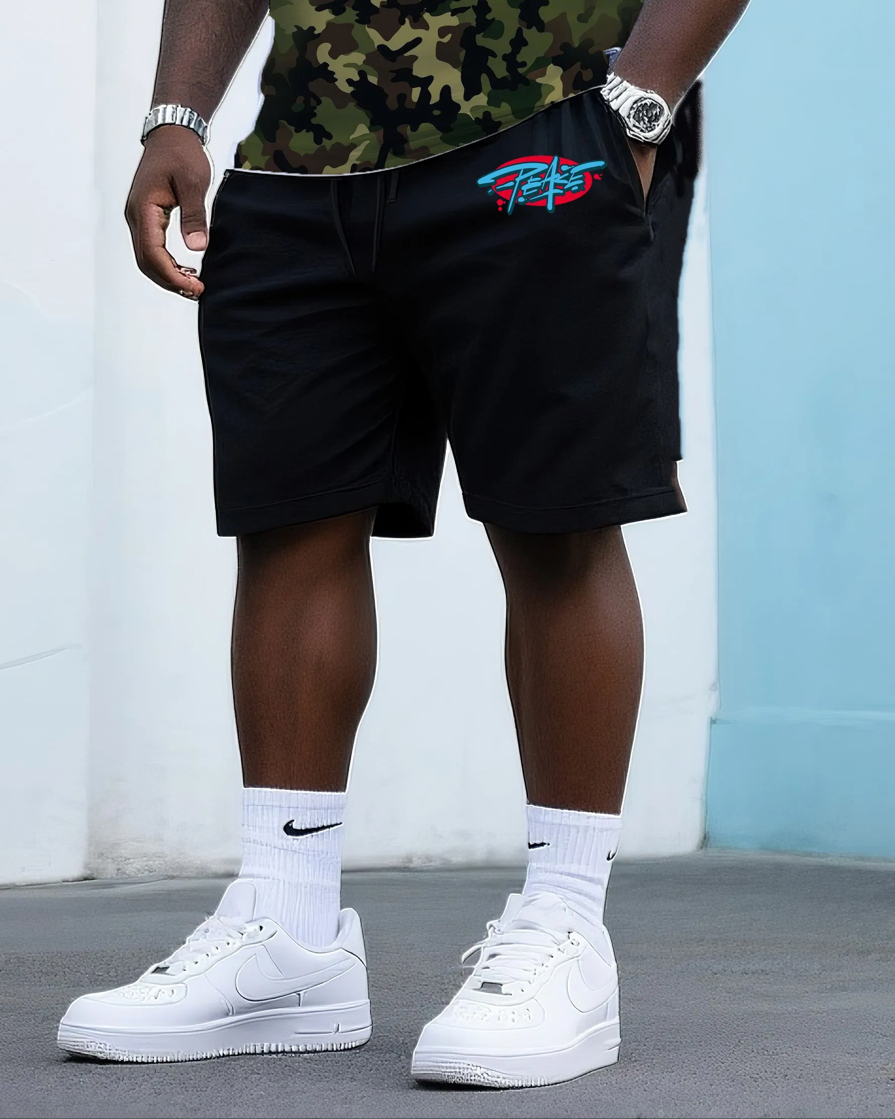 Big & Tall Men's Street Fashion Creative Three Color Camouflage Stitching Printing Peace Creative Design Crewneck T-shirt Shorts Suit sold by Biggmans product image thumbnail 3