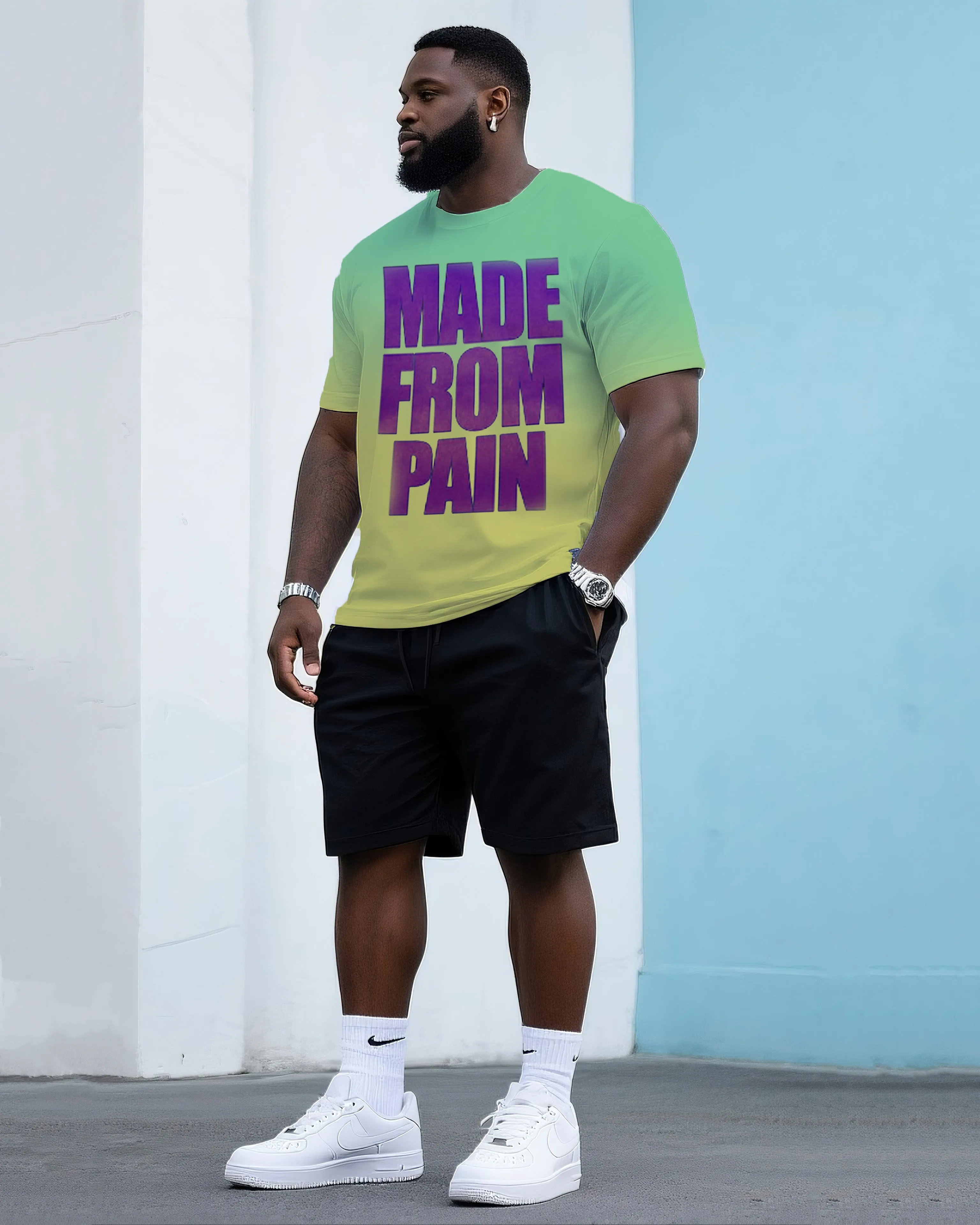 Big & Tall Men's Street Fashion Gradient MADE FROM PAIN Crewneck T-Shirt Shorts Suit sold by Biggmans