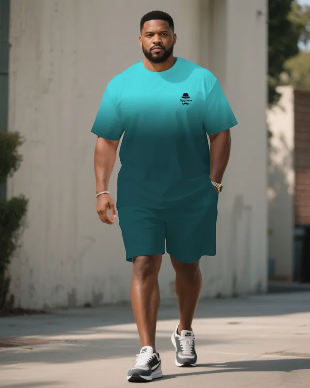Big & Tall Men Dark Green & Fluorescent Blue Gradient Contrast Crewneck Short Sleeve T-shirt Shorts Suit sold by Biggmans