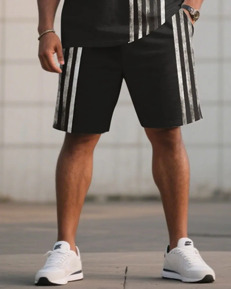 Big & Tall Men Black Striped Side Stitching Chest Slogan Printed Round Neck Short Sleeve T-Shirt Shorts Suit sold by Biggmans product image thumbnail 3