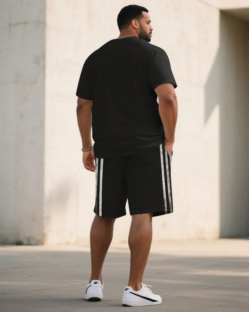 Big & Tall Men Black Striped Side Stitching Chest Slogan Printed Round Neck Short Sleeve T-Shirt Shorts Suit sold by Biggmans product image thumbnail 4