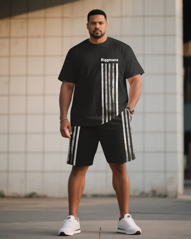 Big & Tall Men Black Striped Side Stitching Chest Slogan Printed Round Neck Short Sleeve T-Shirt Shorts Suit sold by Biggmans