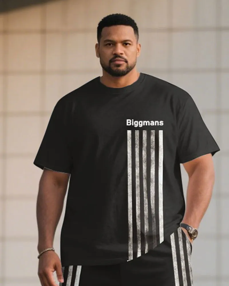 Big & Tall Men Black Striped Side Stitching Chest Slogan Printed Round Neck Short Sleeve T-Shirt Shorts Suit sold by Biggmans product image thumbnail 2