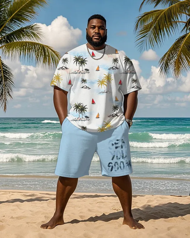 Big & Tall Men's Hawaiian Blue Coconut Sailing Print Round Neck Short Sleeve T-Shirt Shorts Suit sold by Biggmans