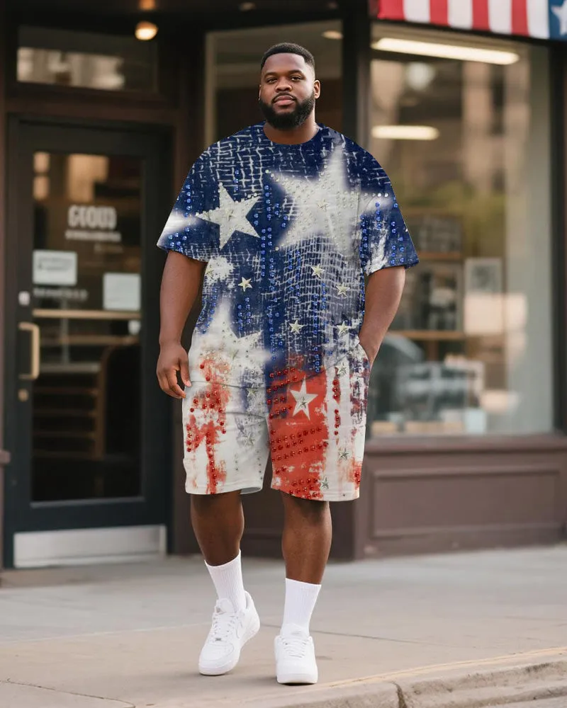 Big & Tall Men's Independence Day Star Print Round Neck Short Sleeve T-Shirt Shorts Suit sold by Biggmans