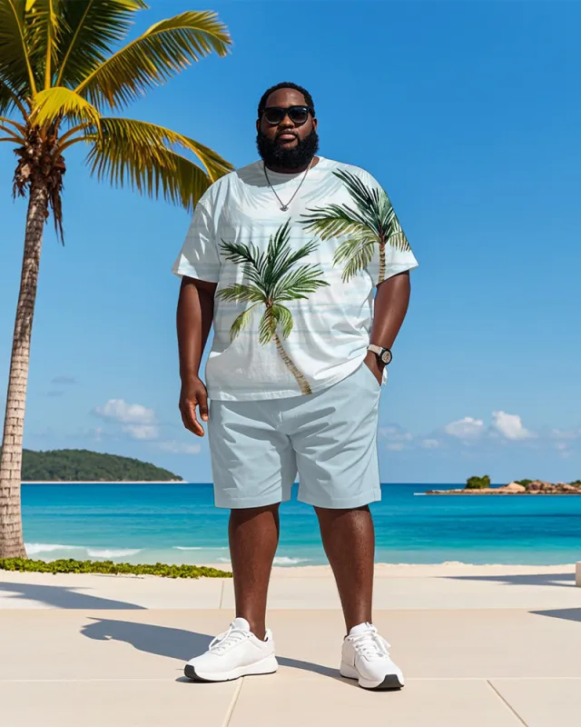 Big & Tall Men's Hawaiian Blue Coconut Stripe Print Round Neck Short Sleeve T-Shirt Shorts Suit sold by Biggmans