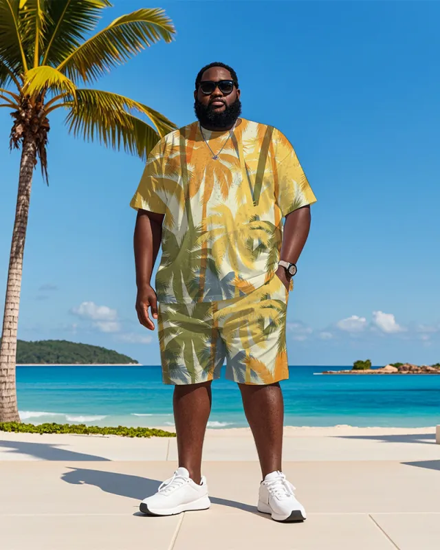 Big & Tall Men's Hawaiian Yellow Coconut Graffiti Print Round Neck Short Sleeve T-Shirt Shorts Suit sold by Biggmans