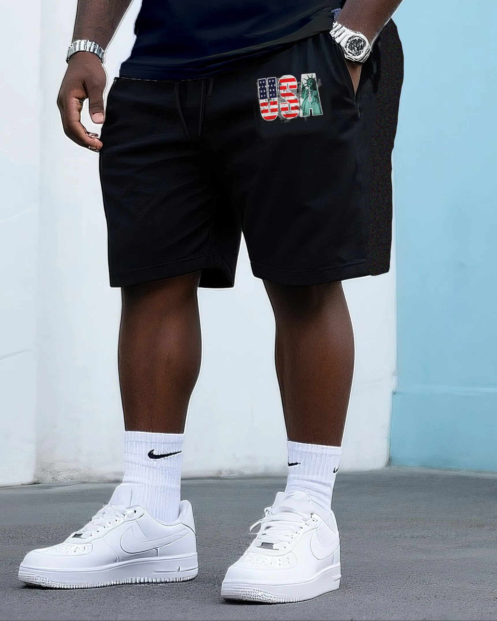 Big & Tall Men's Street Fashion Creative USA Flag Print Independence Day Crewneck T Shirt Shorts Suit sold by Biggmans product image thumbnail 3