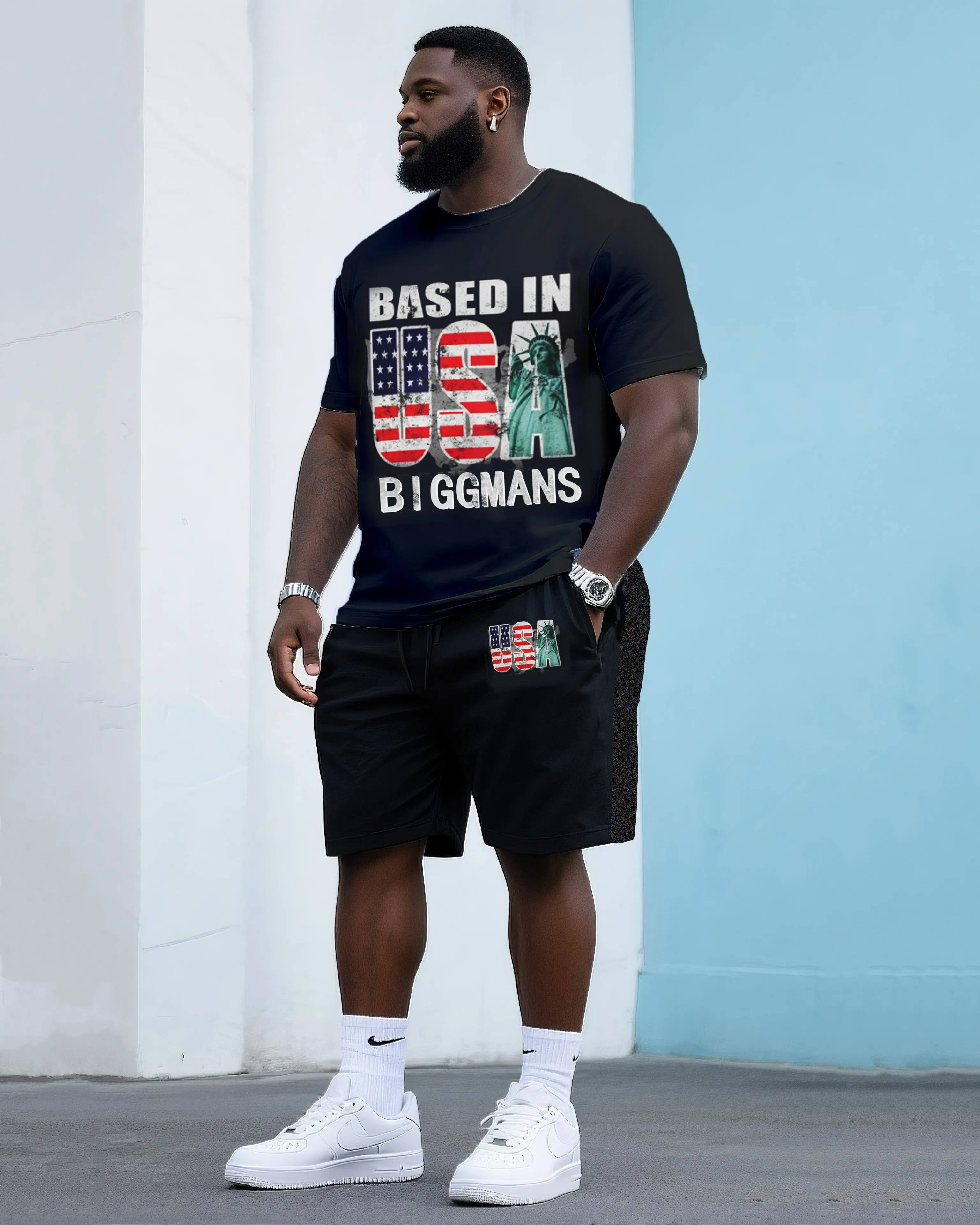 Big & Tall Men's Street Fashion Creative USA Flag Print Independence Day Crewneck T Shirt Shorts Suit sold by Biggmans