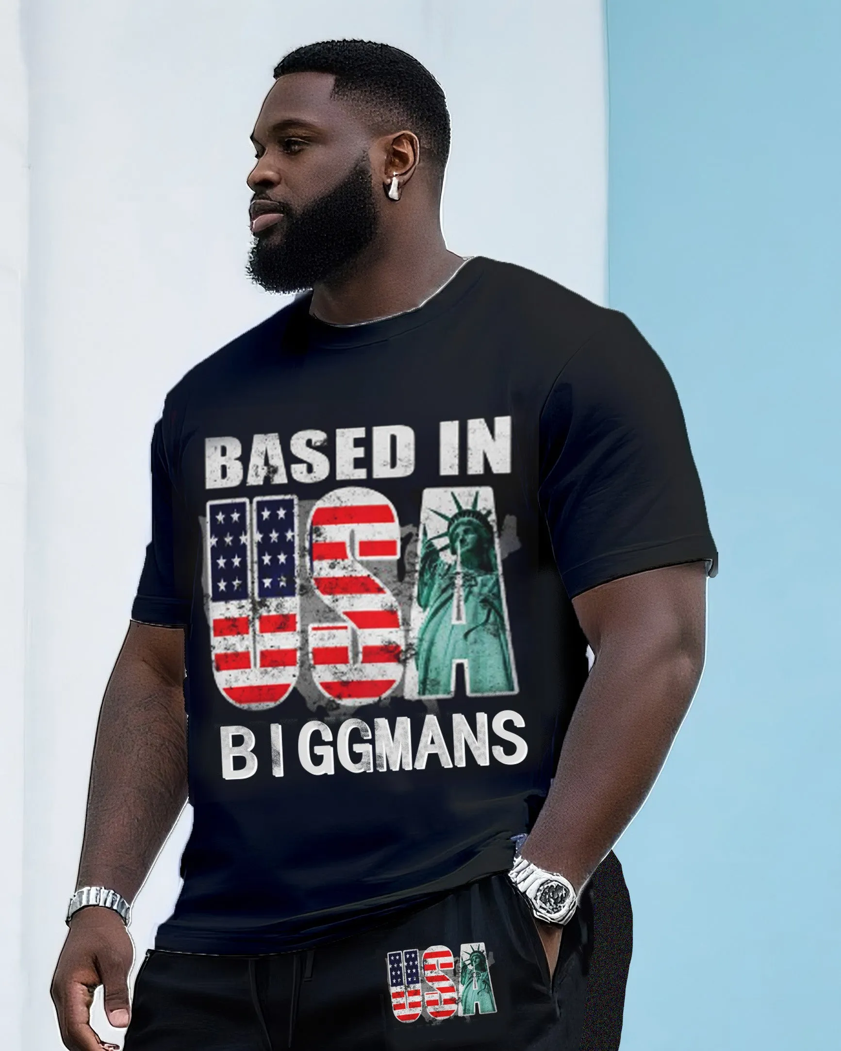 Big & Tall Men's Street Fashion Creative USA Flag Print Independence Day Crewneck T Shirt Shorts Suit sold by Biggmans product image thumbnail 2