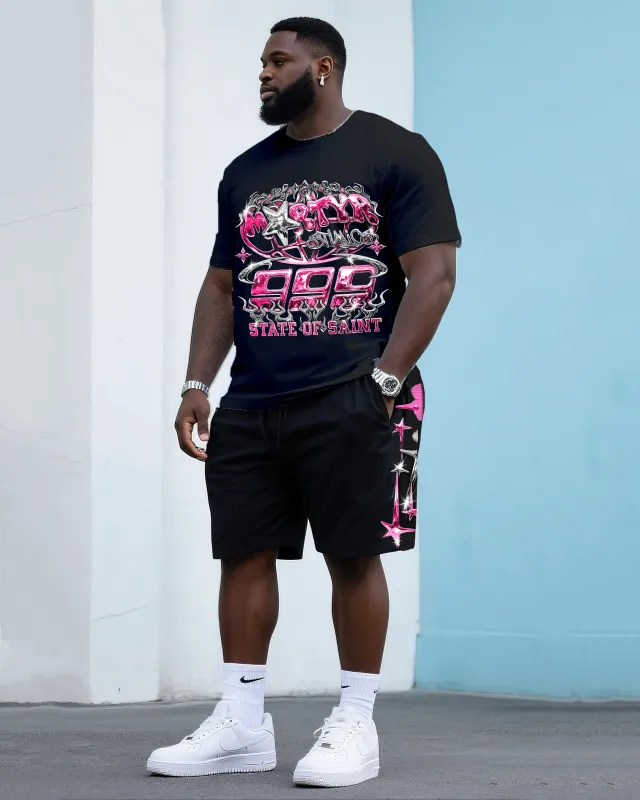 Big & Tall Men's Street Fashion Pink Letters Creative Printed Round Neck T-Shirt Shorts Suit sold by Biggmans