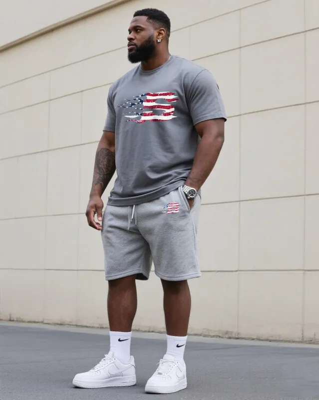 Big & Tall Men's Original Patriotic Flame Print Independence Day Crewneck T-Shirt Shorts Suit sold by Biggmans