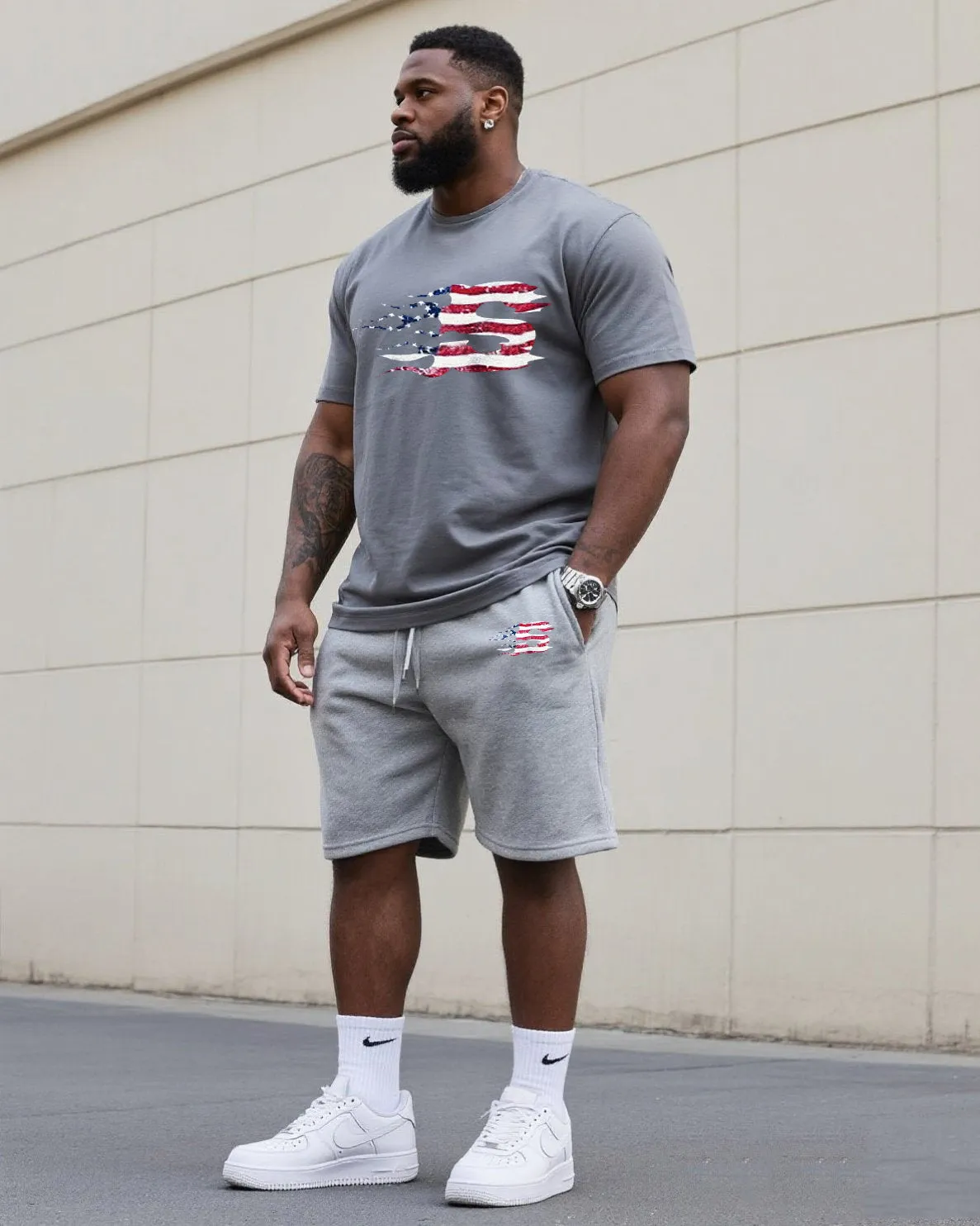 Big & Tall Men's Original Patriotic Flame Print Independence Day Crewneck T-Shirt Shorts Suit sold by Biggmans