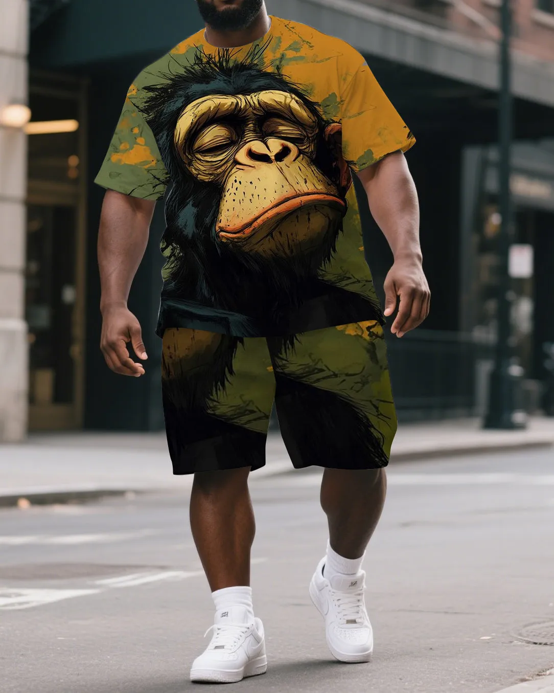 Big & Tall Men's Melancholy Gorillas in Ink Painting Summer Short Sleeve T-shirt and Short Set sold by Biggmans