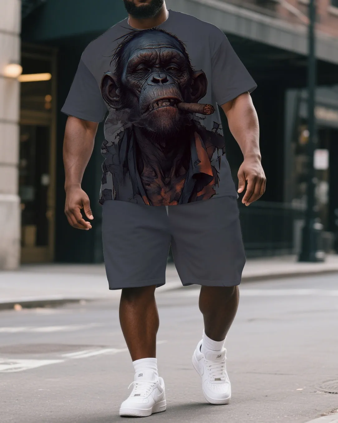 Big & Tall Men's Street Fashion Smoking Gorillas Print Short Sleeve T-shirt and Short Set sold by Biggmans