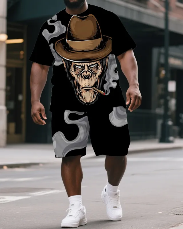 Big & Tall Men's Casual Cartoon Elder Gorillas Print Short-Sleeved T-shirt and Short Set sold by Biggmans