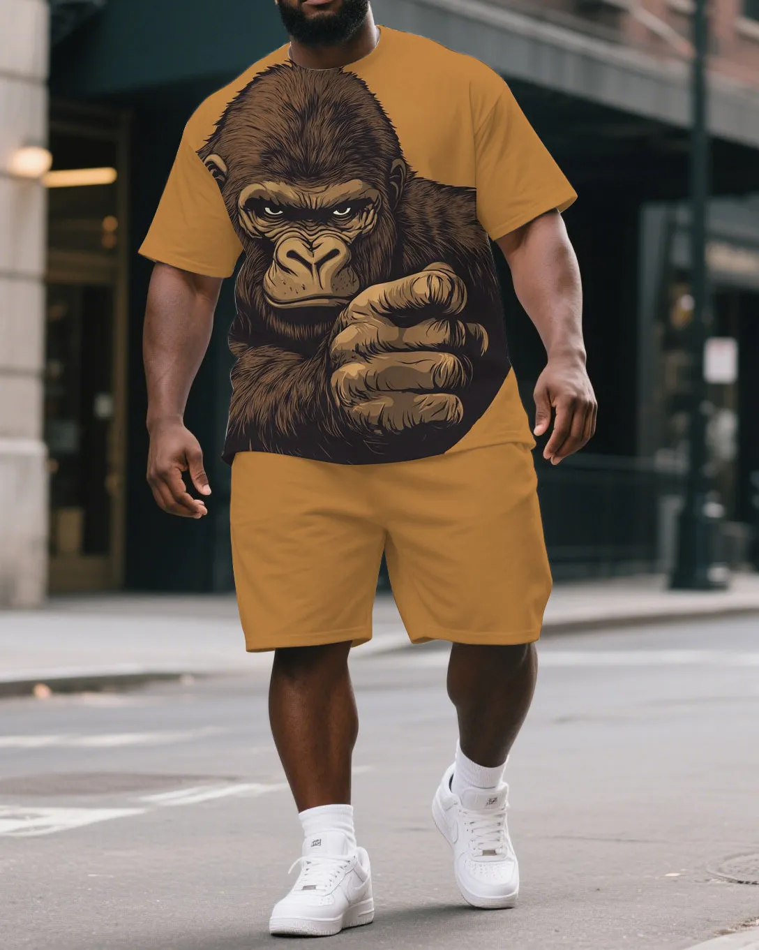 Big & Tall Men's Serious Gorillas Print Street Fashion Yellow Short-Sleeved T-shirt and Short Set sold by Biggmans