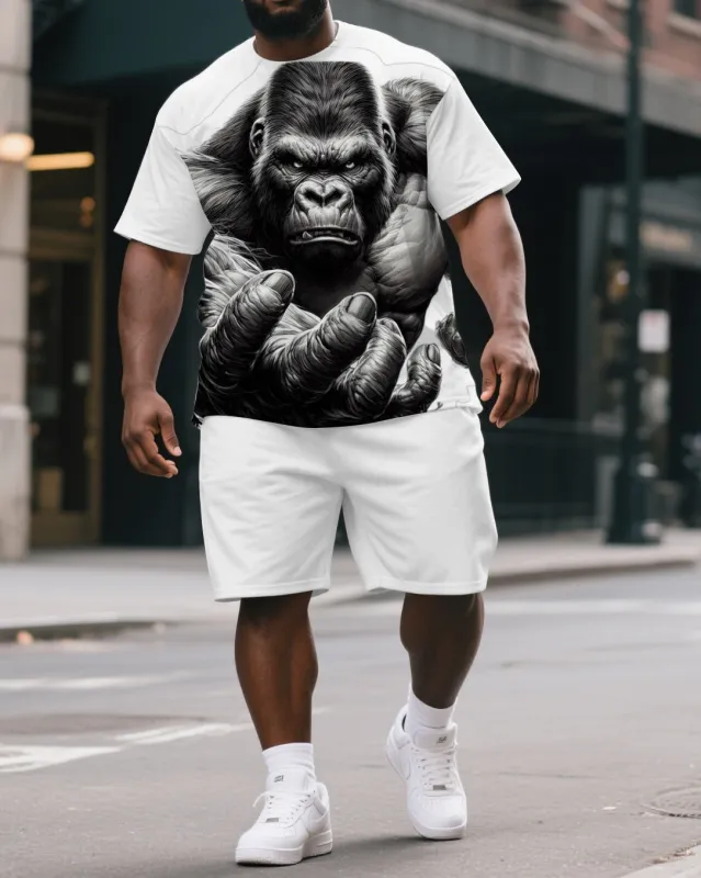 Big & Tall Men's Cartoon Kongfu Gorillas Print Casual Short-Sleeved T-shirt and Short Set sold by Biggmans