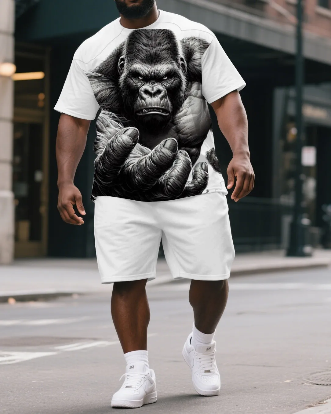 Big & Tall Men's Cartoon Kongfu Gorillas Print Casual Short-Sleeved T-shirt and Short Set sold by Biggmans