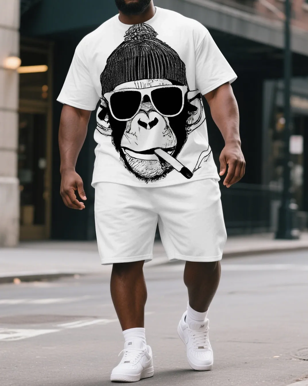 Big & Tall Men's Hip Hop Sunglass Smoking Gorillas Print Short-Sleeved T-shirt and Short Set sold by Biggmans