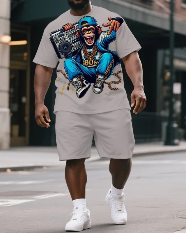 Big & Tall Men's Street Fashion 80s Hip Hop Gorillas Print Short-Sleeved T-shirt and Short Set sold by Biggmans