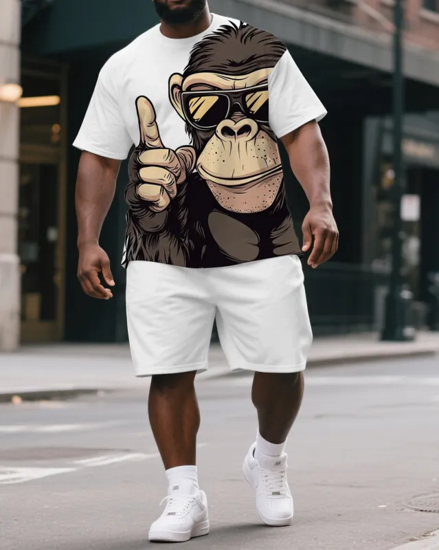Big & Tall Men's Daily Casual Gorillas with Sunglass Cartoon Short-Sleeved T-shirt and Short Set sold by Biggmans