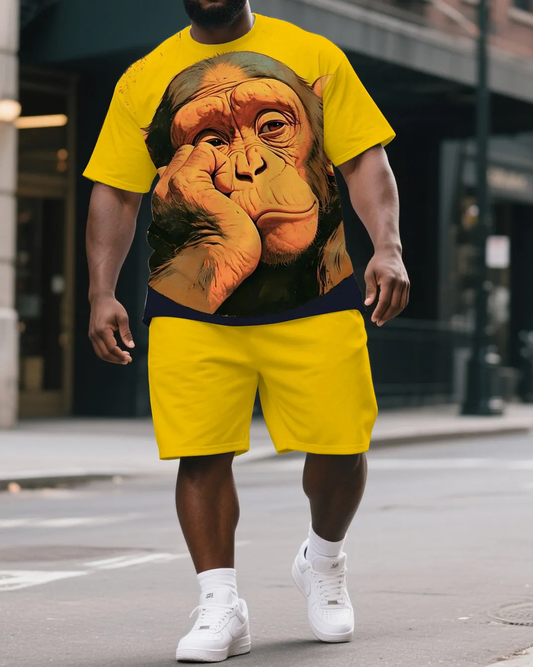 Big & Tall Men's Funny Cartoon Thinking Gorillas Print Yellow Short-Sleeved T-shirt and Short Set sold by Biggmans