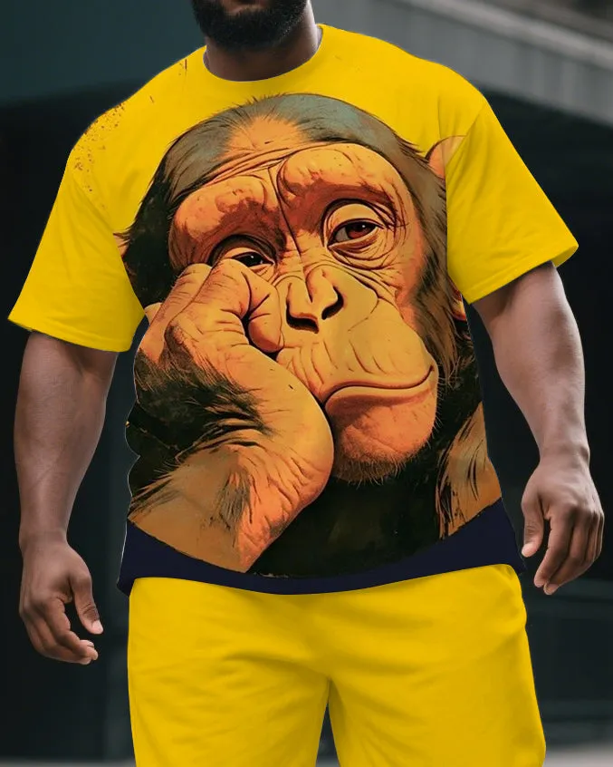 Big & Tall Men's Funny Cartoon Thinking Gorillas Print Yellow Short-Sleeved T-shirt and Short Set sold by Biggmans product image thumbnail 2