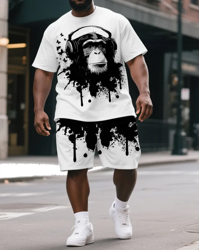 Big & Tall Men's Casual Ink Splash Music Gorillas Street Short-Sleeved T-shirt and Short Set sold by Biggmans