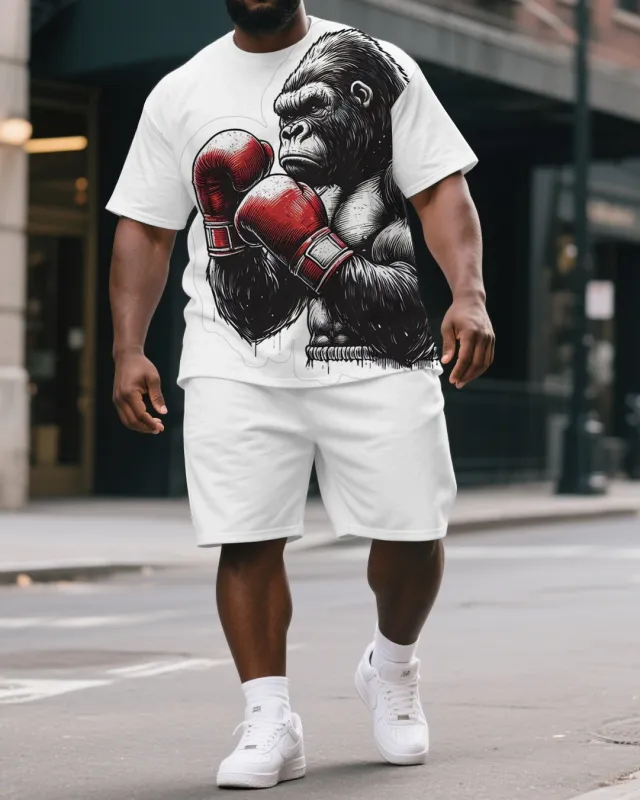 Big & Tall Men's Cartoon Boxing Gorillas Print Casual Short-Sleeved T-shirt and Short Set sold by Biggmans