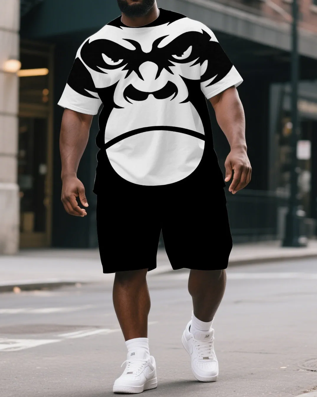 Big & Tall Men's Street Fashion Monkey Silhouette Print Casual Short-Sleeved T-shirt and Short Set sold by Biggmans