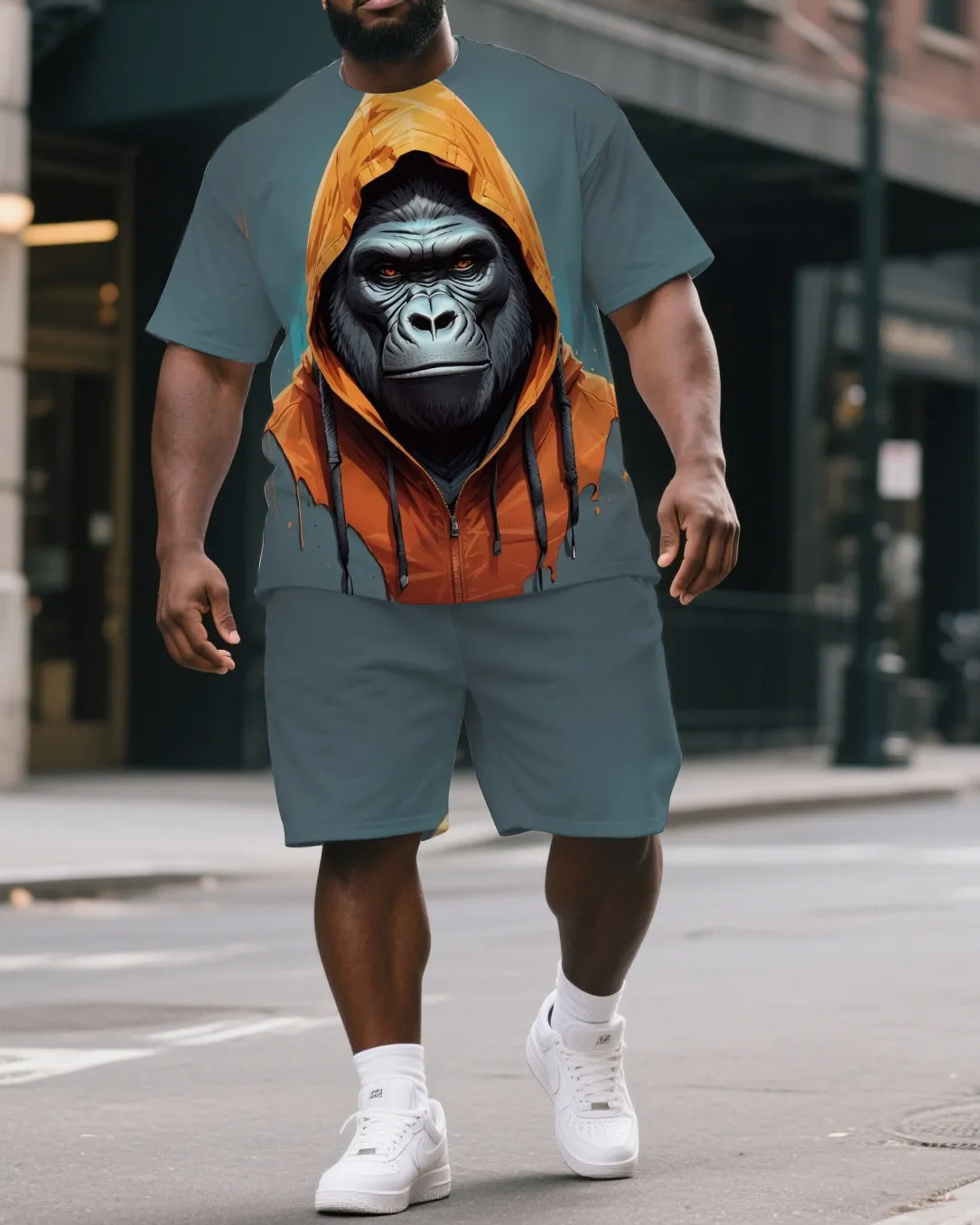 Big & Tall Men's Daily Casual Hoodie Gorillas Street Cartoon Short-Sleeved T-shirt and Short Set sold by Biggmans