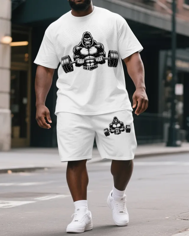 Big & Tall Men's Street Fashion Dumbbell Gorillas Print Casual Short-Sleeved T-shirt and Short Set sold by Biggmans