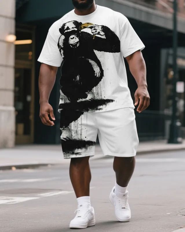 Men's Big & Tall Cartoon Irony Ink Gorillas Print Casual Short-Sleeved T-shirt and Short Set sold by Biggmans