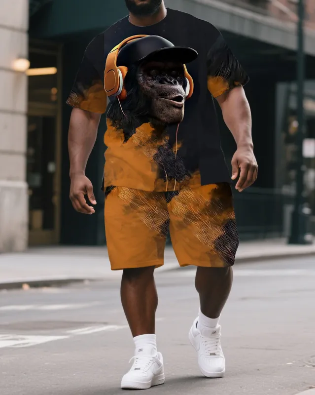 Men's Big & Tall Cartoon Splicing Headphone Gorillas Print Short-Sleeved T-shirt & Short Set sold by Biggmans