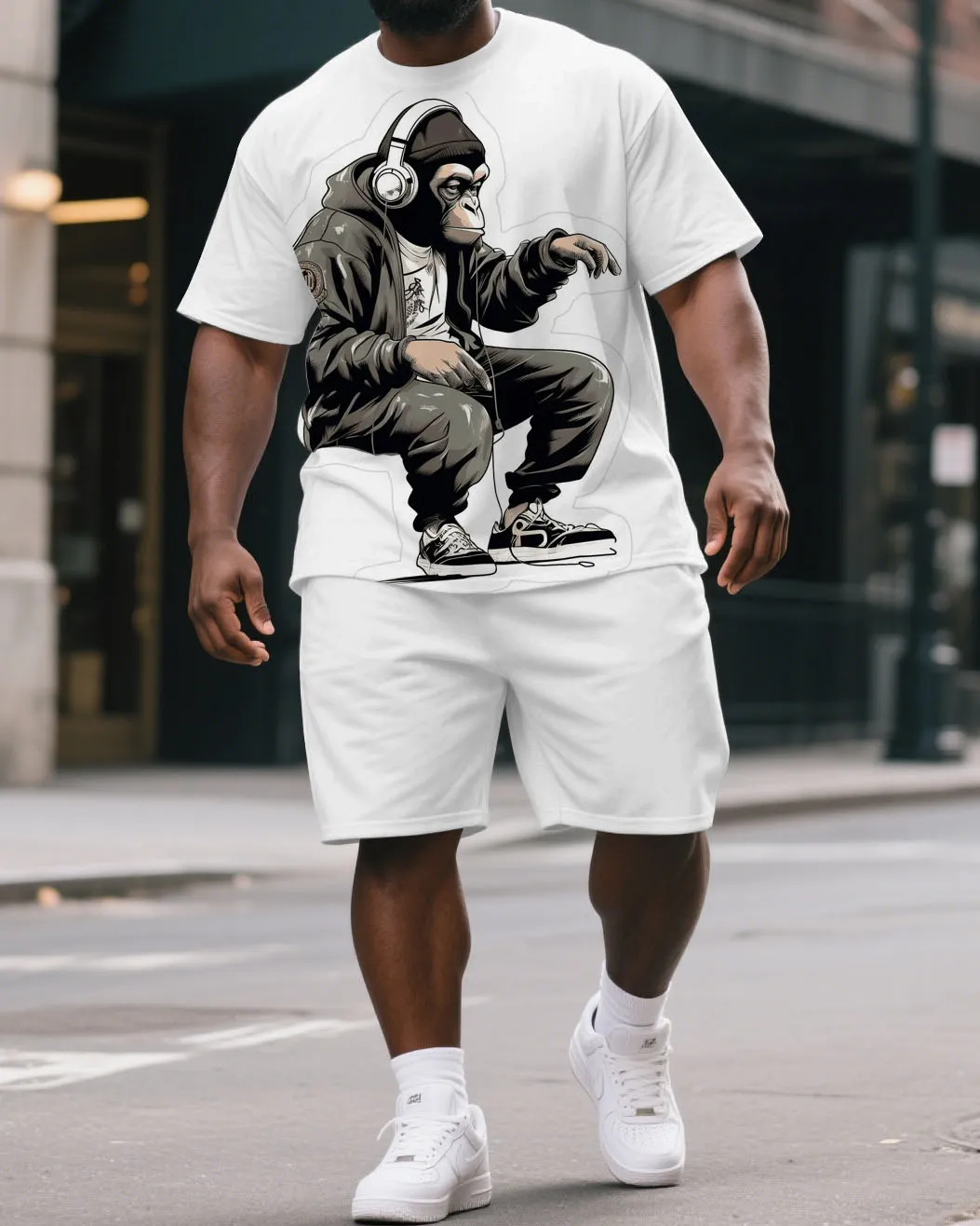 Men's Big & Tall Cartoon Street Wear Gorillas Print Casual Short-Sleeved T-shirt and Short Set sold by Biggmans