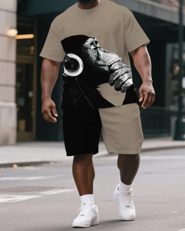 Men's Big & Tall Simple Pensive Gorillas Splicing Print Cartoon Casual Short-Sleeved T-shirt and Short Set sold by Biggmans