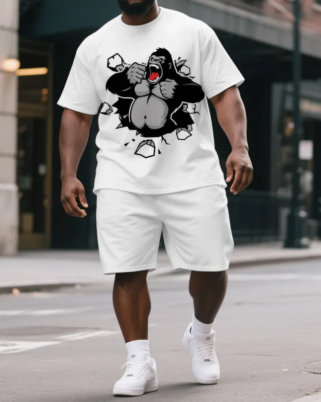 Men's Big & Tall Cartoon Gorillas Breaking the Wall Print Short-Sleeved T-shirt and Short 2-piece Set sold by Biggmans