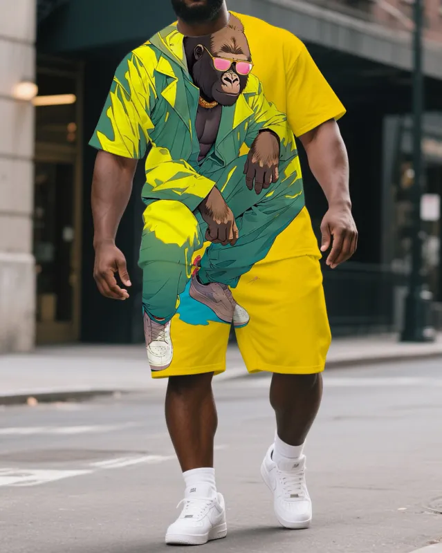 Men's Big & Tall Funny Crouching Gorillas Print Daily Fashion Short-Sleeved T-shirt & Short Set sold by Biggmans